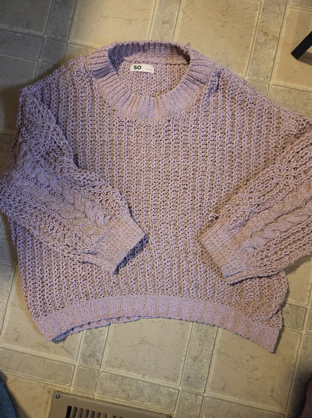 SO Pastel Lavender Cable-Sleeve Crewneck Sweater